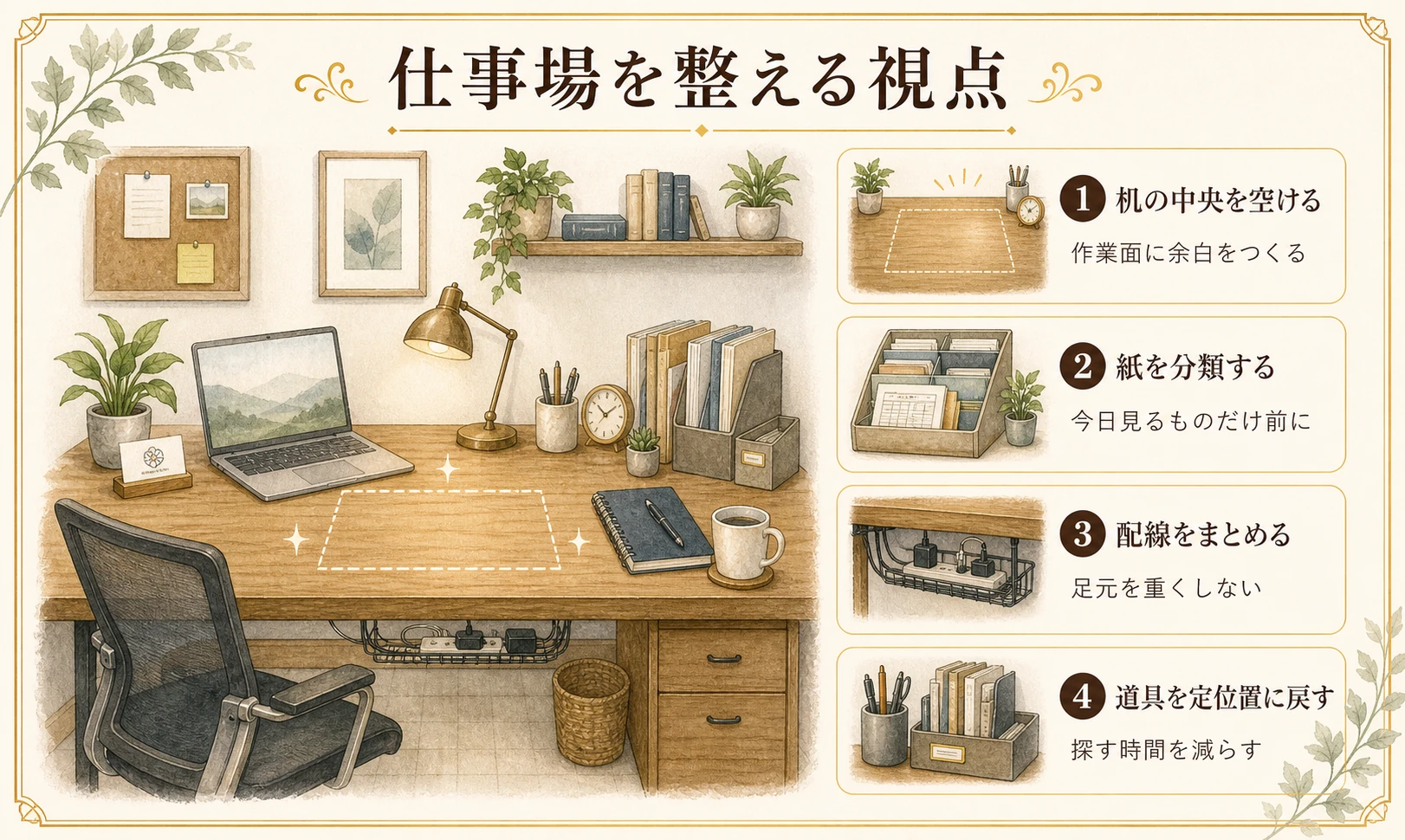 仕事場の机、書類、配線、道具の定位置を整えるポイントのイメージ図