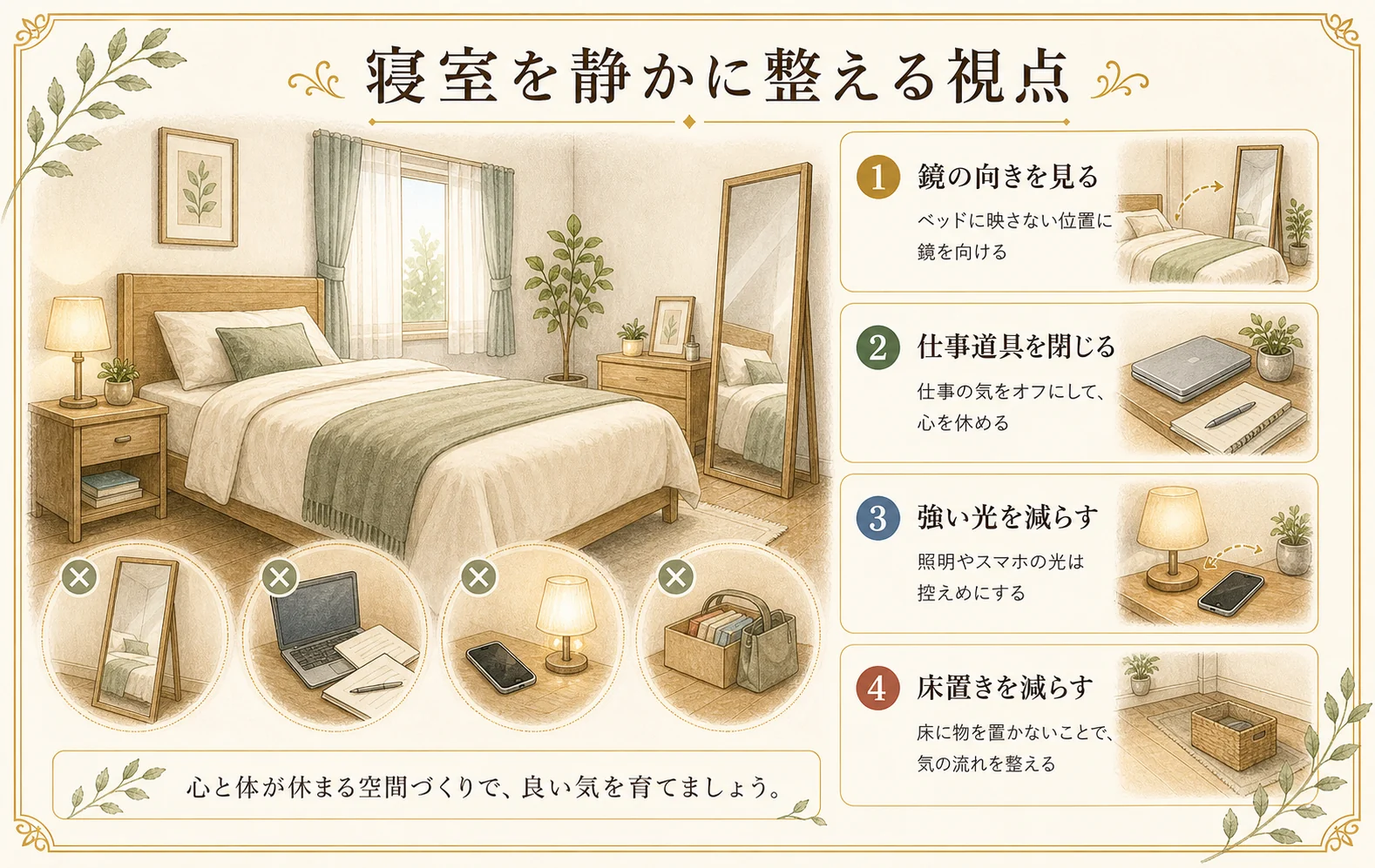 寝室で鏡の向き、仕事道具、強い光、床置きを見直す手書き風の解説イラスト