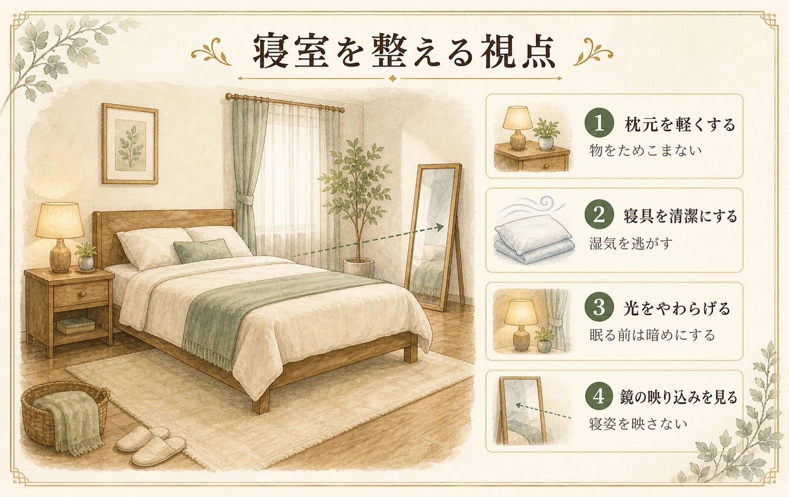 寝室の枕元、寝具、光、鏡の映り込みを整えるポイントのイメージ図