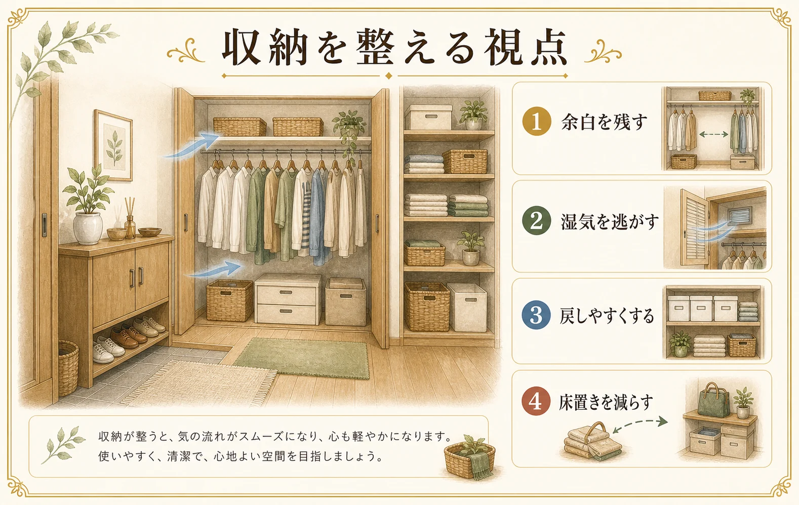 収納で余白、湿気、戻しやすさ、床置きを整える手書き風の解説イラスト