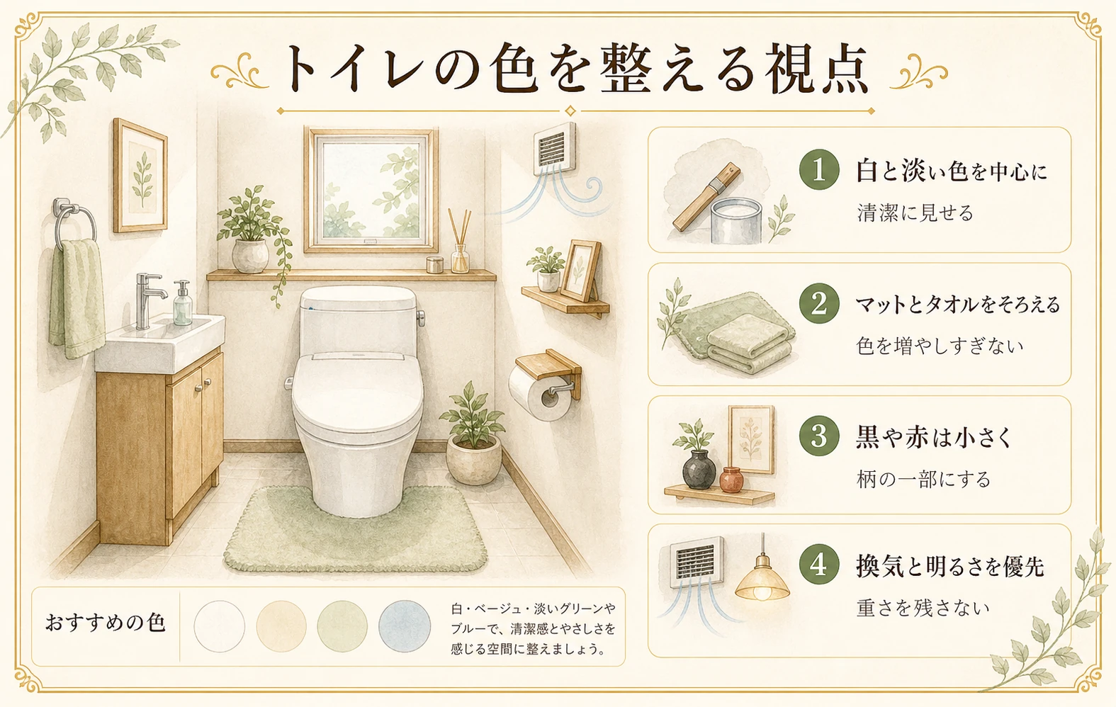 トイレの色を整える視点をまとめた手描き風の図版