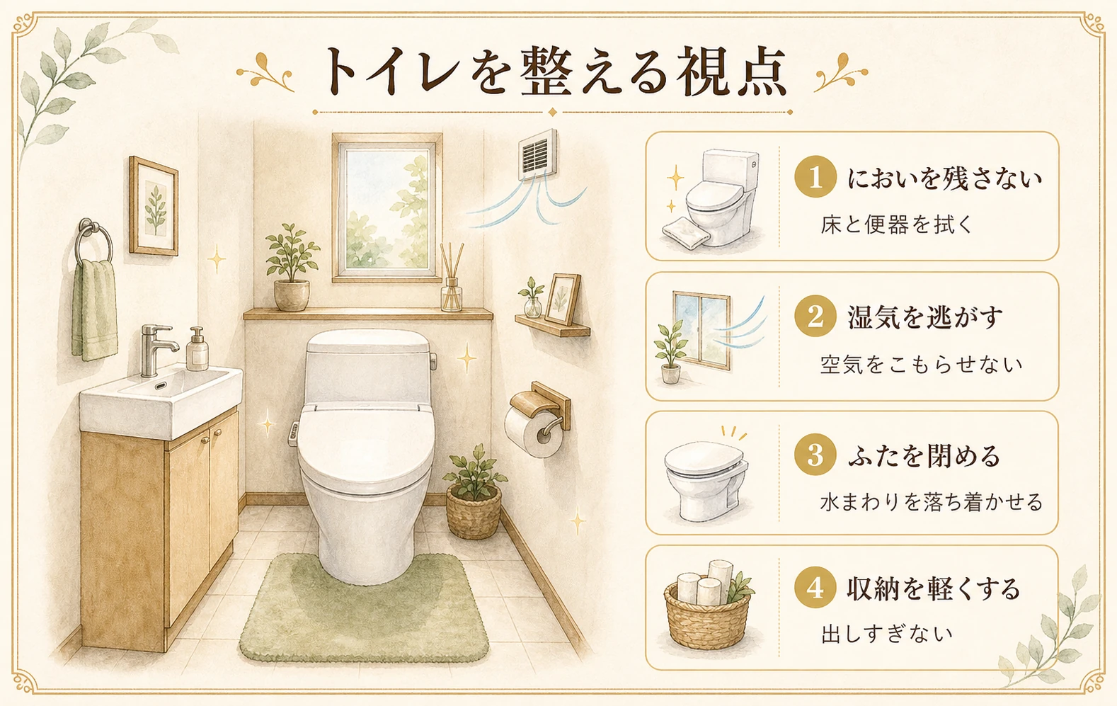 トイレのにおい、湿気、ふた、収納を整えるポイントのイメージ図